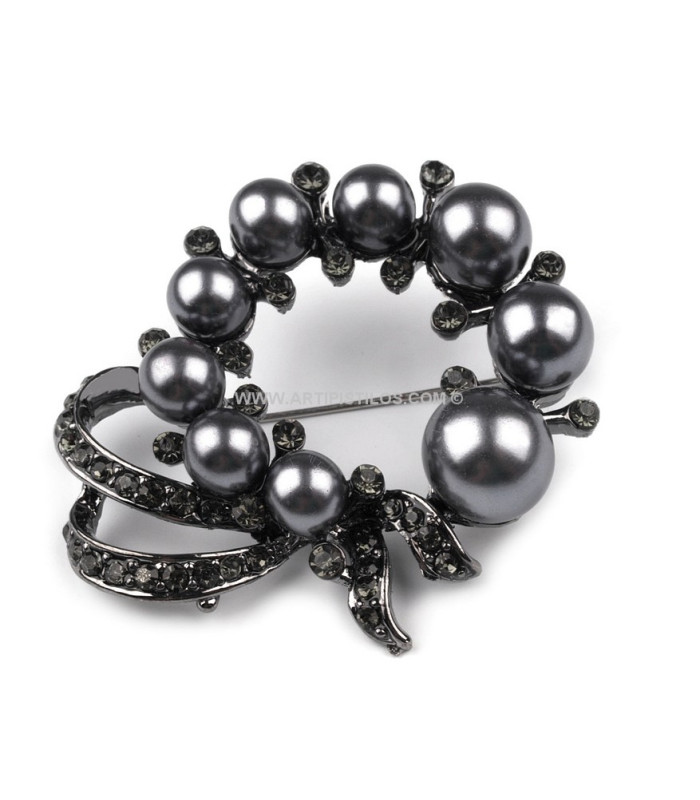 BROCHE FLOR PERLAS NEGRAS Y STRASS - Broches Decorativos